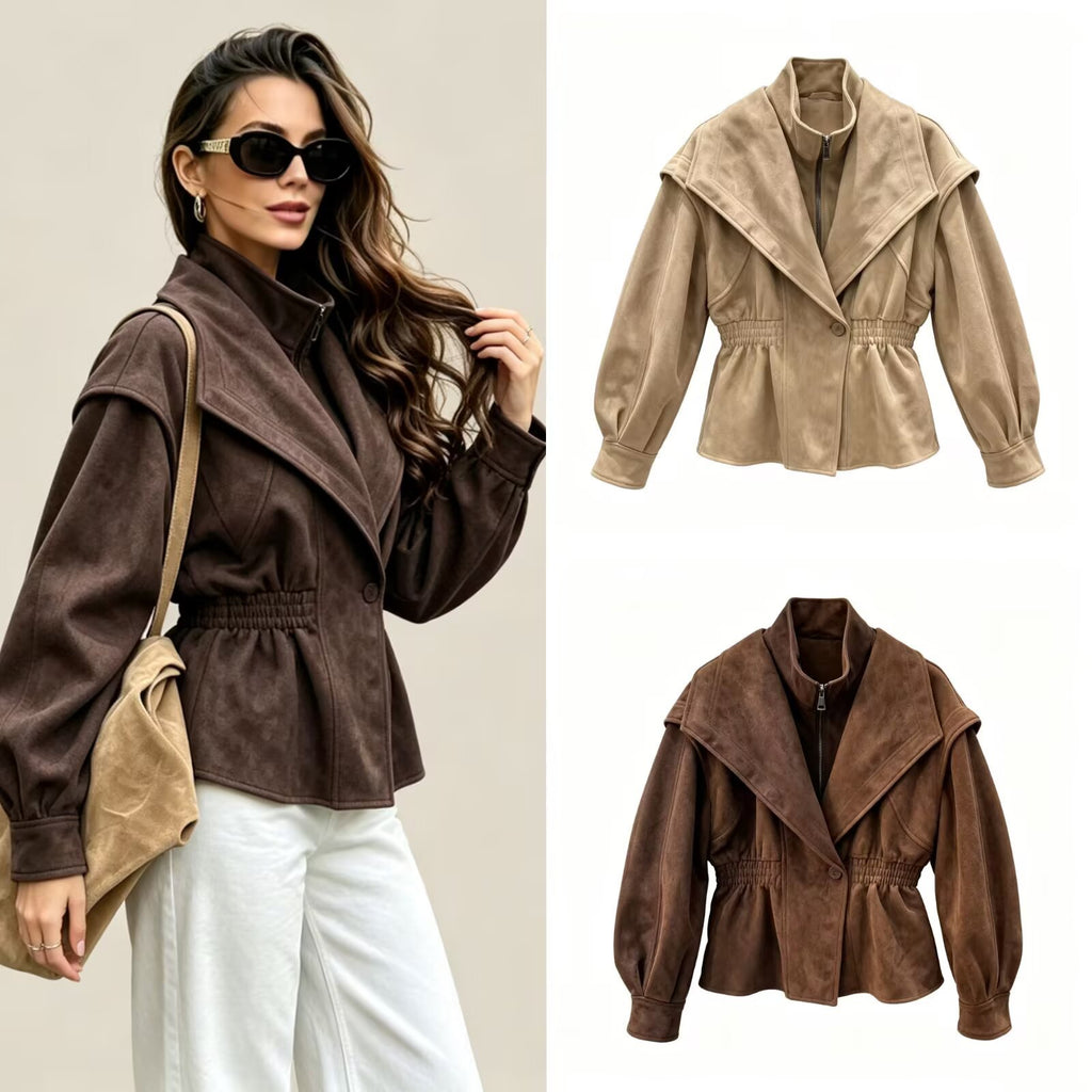 Retro British style suede waist cinching slimming fake two-piece jacket