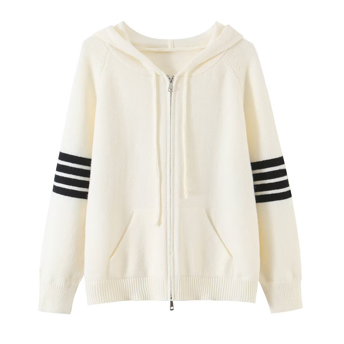 Hooded knitted sweater cardigan versatile casual contrasting striped loose jacket
