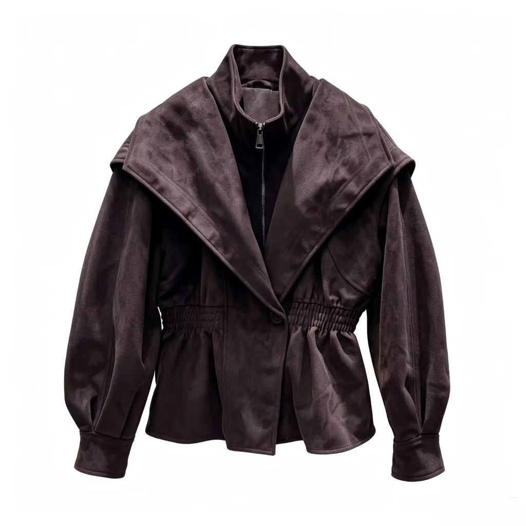Retro British style suede waist cinching slimming fake two-piece jacket