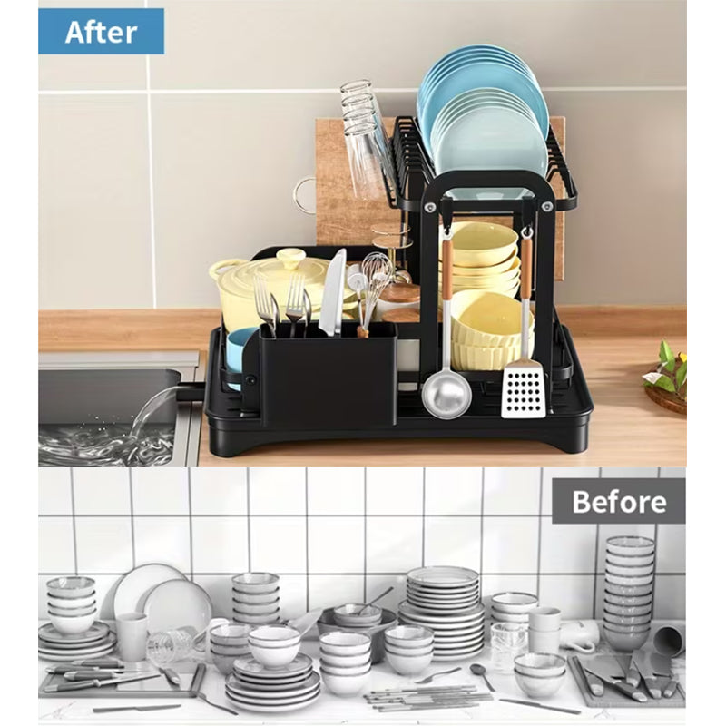 2-Tier Dish Drying Rack – Space-Saving Countertop Plate Organizer with Drain Tray, Kitchen Storage & Drainer