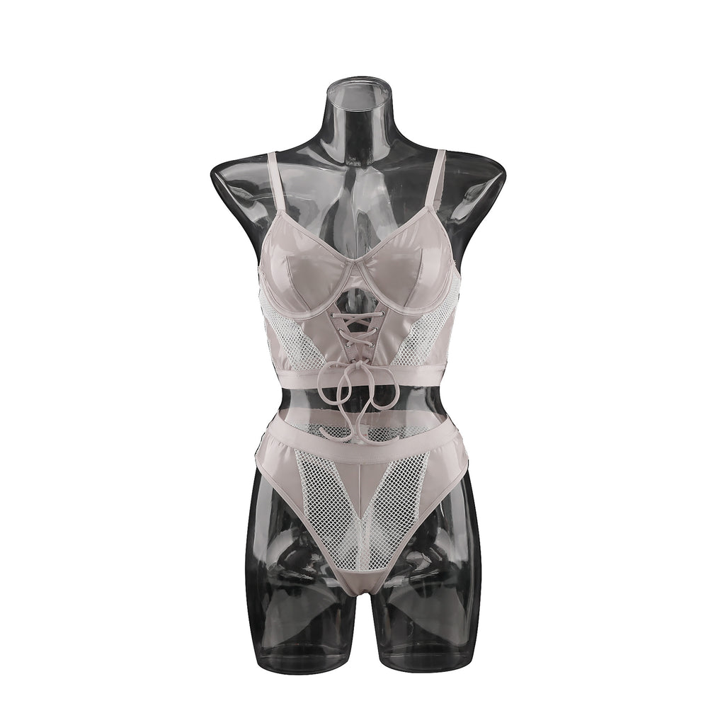 Sexy PU Mesh Splicing Sheer Bodysuit Lingerie Set