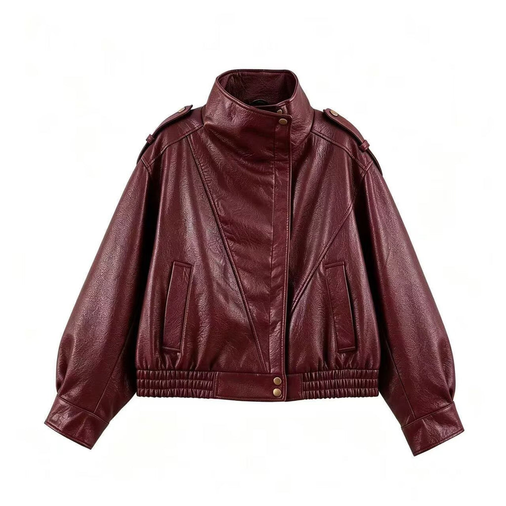 Long sleeved stand up collar imitation leather jacket leather jacket