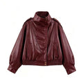 Long sleeved stand up collar imitation leather jacket leather jacket