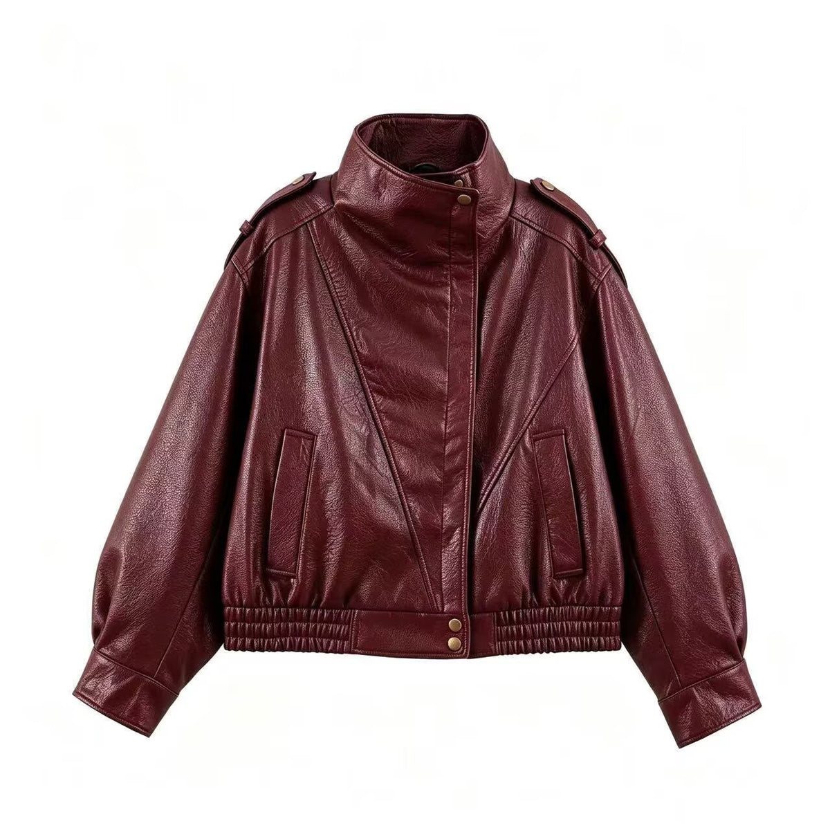 Long sleeved stand up collar imitation leather jacket leather jacket