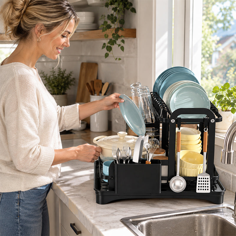 2-Tier Dish Drying Rack – Space-Saving Countertop Plate Organizer with Drain Tray, Kitchen Storage & Drainer