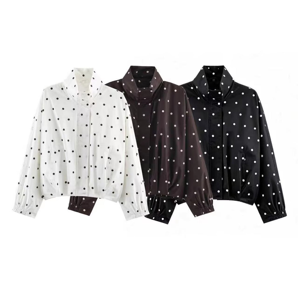 Zipper closure stand up collar long sleeved polka dot jacket