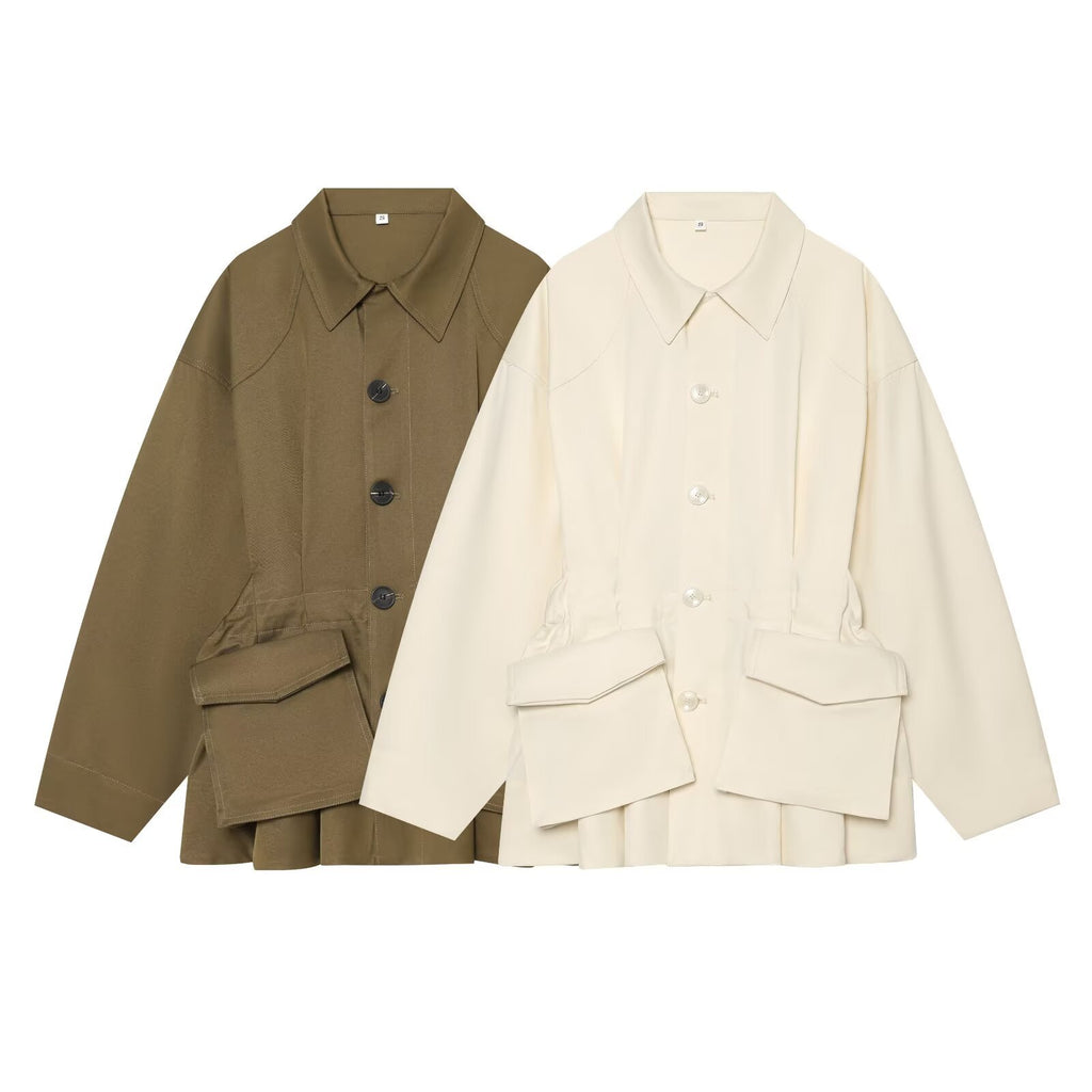 Long sleeved lapel long sleeved single breasted waist cinching jacket