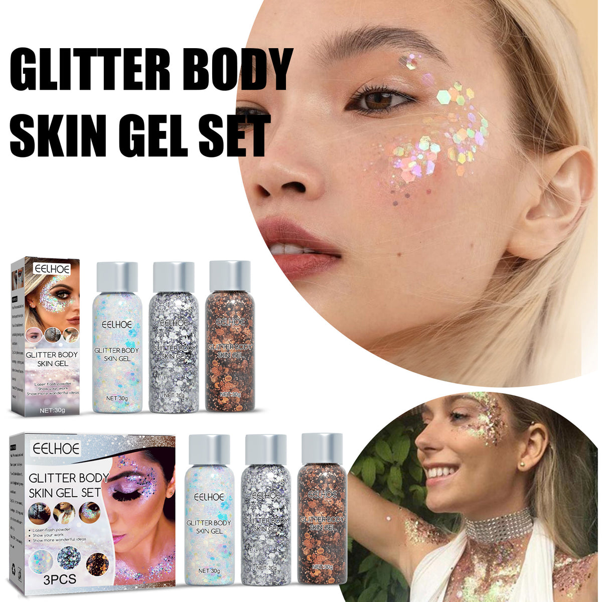 EELHOE Shining Body Skin Gel (White) Makeup Fish Scale Sequin Gel Sequin Stage Performance Makeup Props Eyeshadow