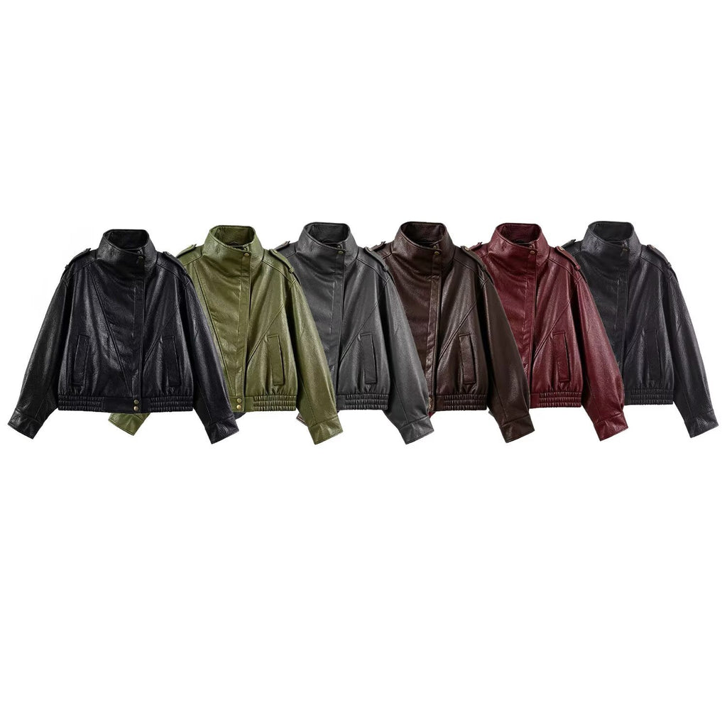 Long sleeved stand up collar imitation leather jacket leather jacket