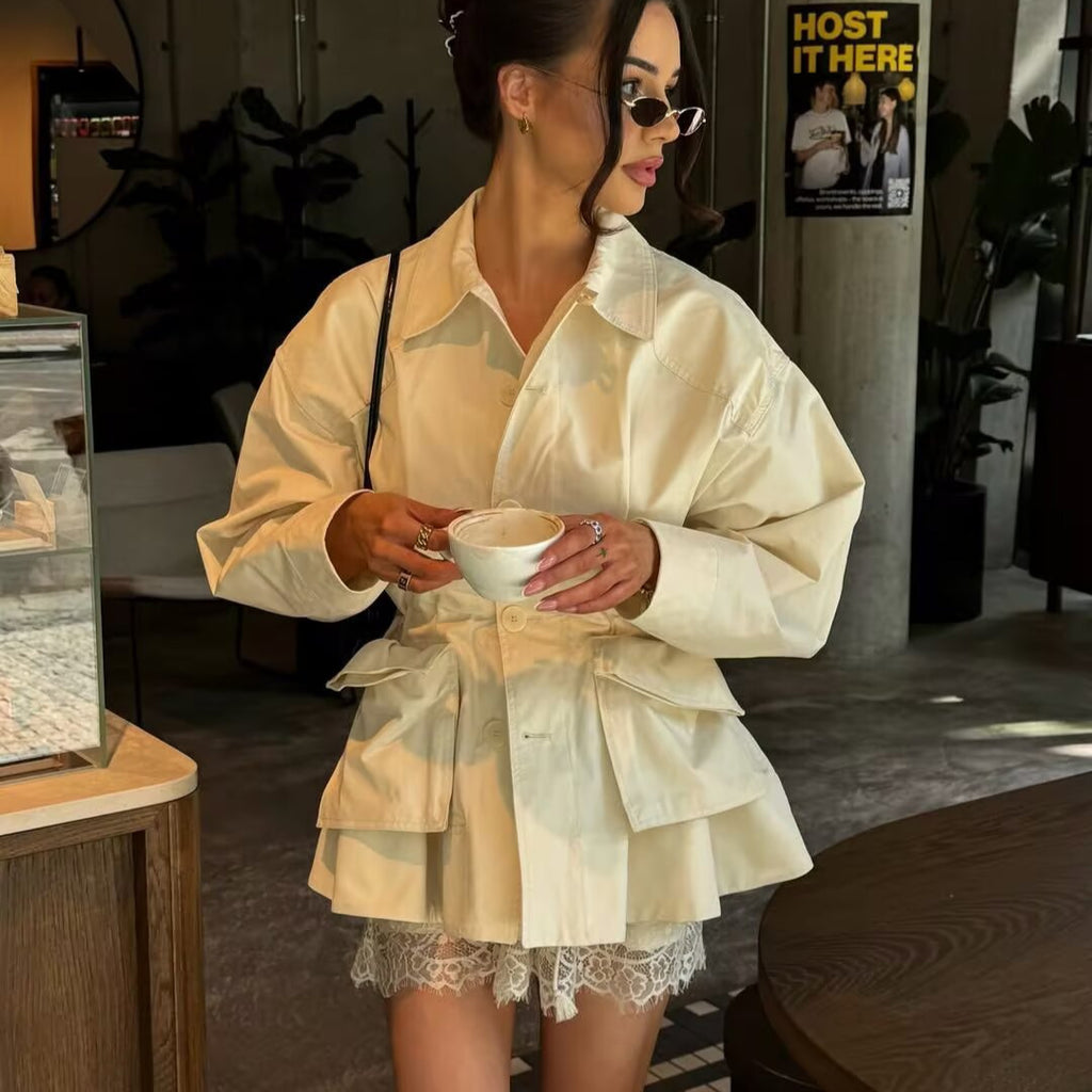 Long sleeved lapel long sleeved single breasted waist cinching jacket