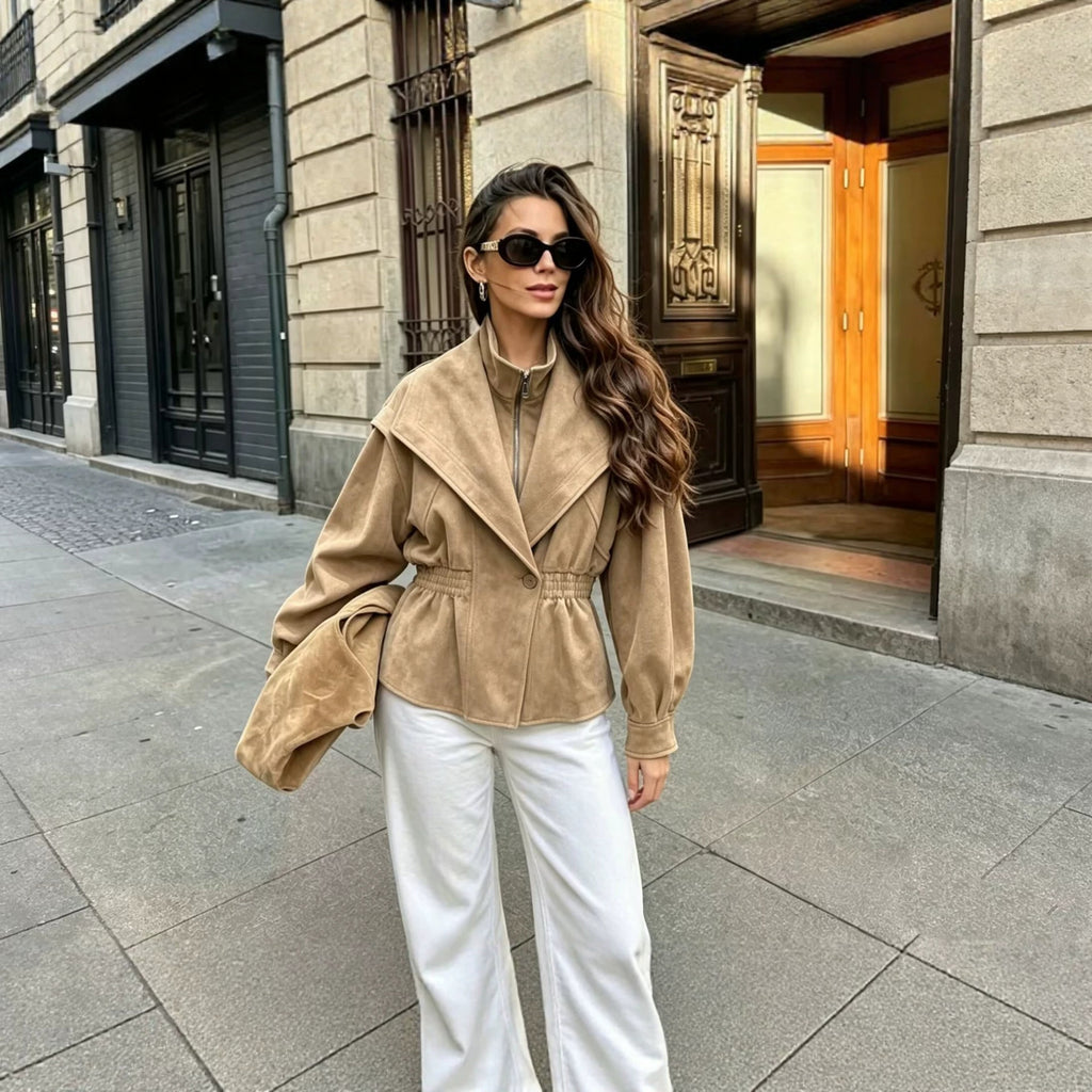 Retro British style suede waist cinching slimming fake two-piece jacket