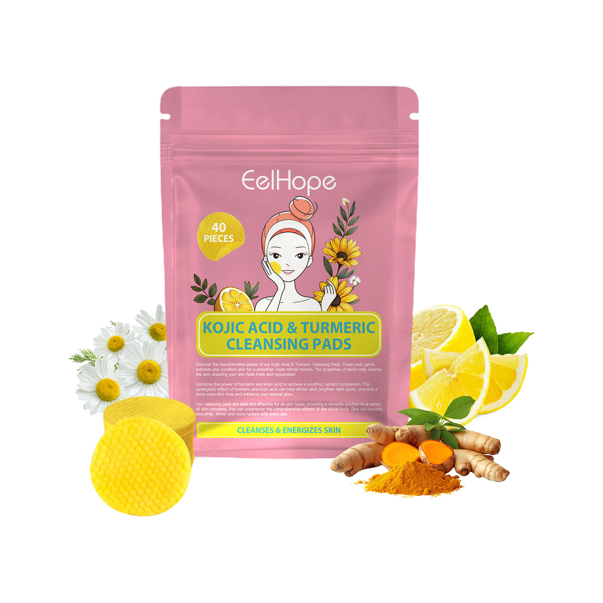 Eelhope Kojic Acid Turmeric Cleansing Pad Gently Cleanses Facial Skin Pores Refreshing Cleansing Skincare