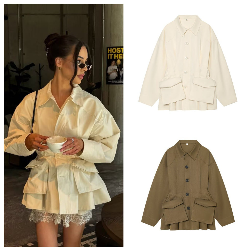 Long sleeved lapel long sleeved single breasted waist cinching jacket