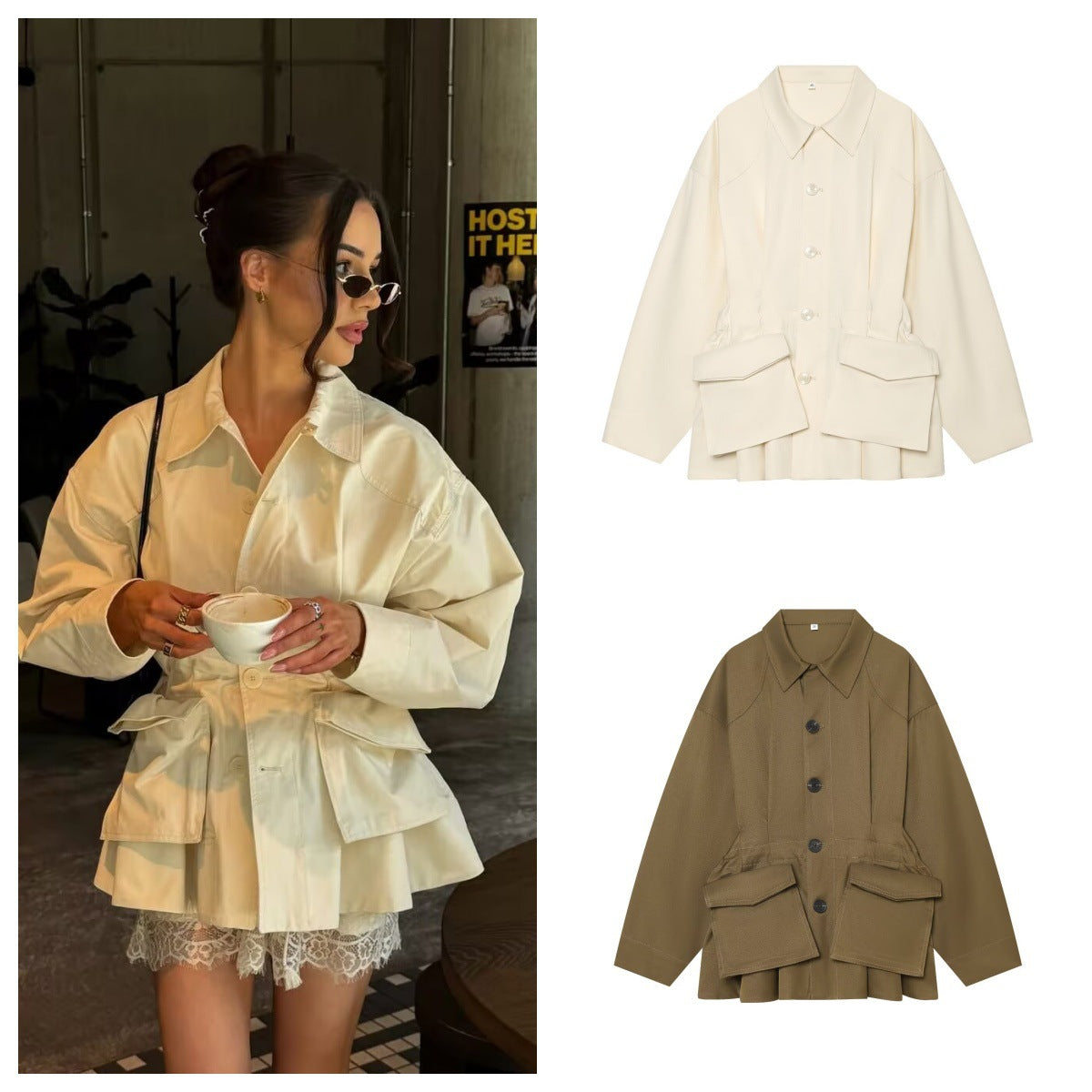 Long sleeved lapel long sleeved single breasted waist cinching jacket