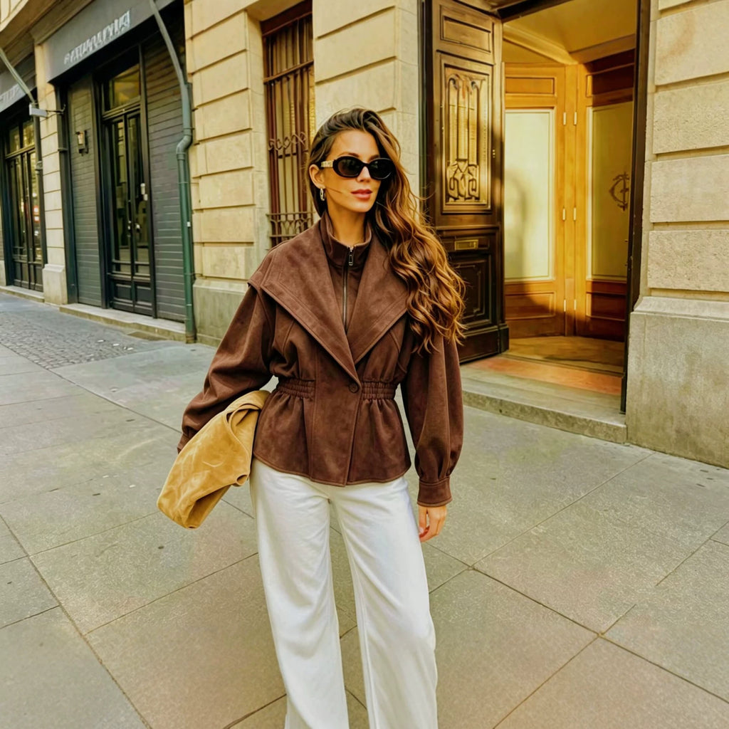 Retro British style suede waist cinching slimming fake two-piece jacket