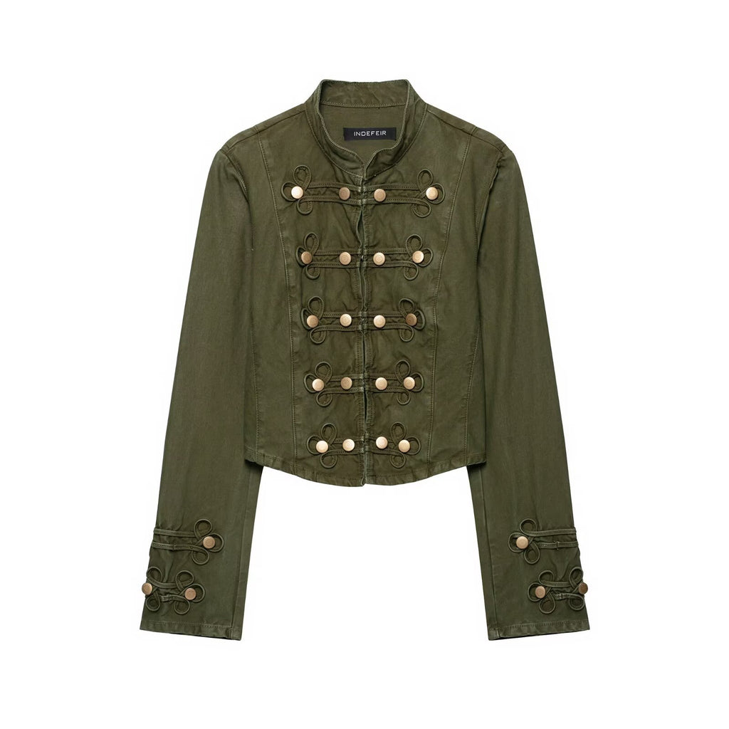 Long sleeved round neck button up Napoleon denim jacket