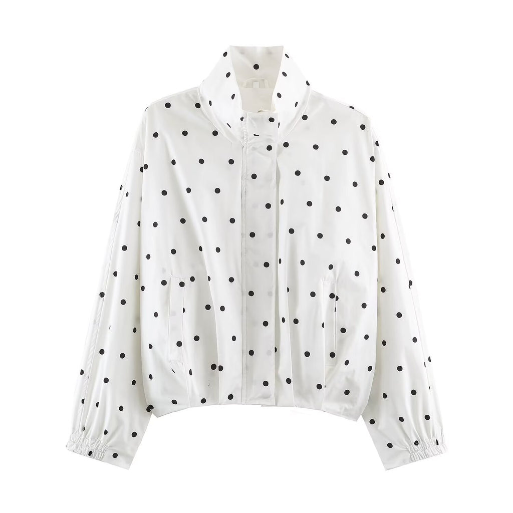 Zipper closure stand up collar long sleeved polka dot jacket