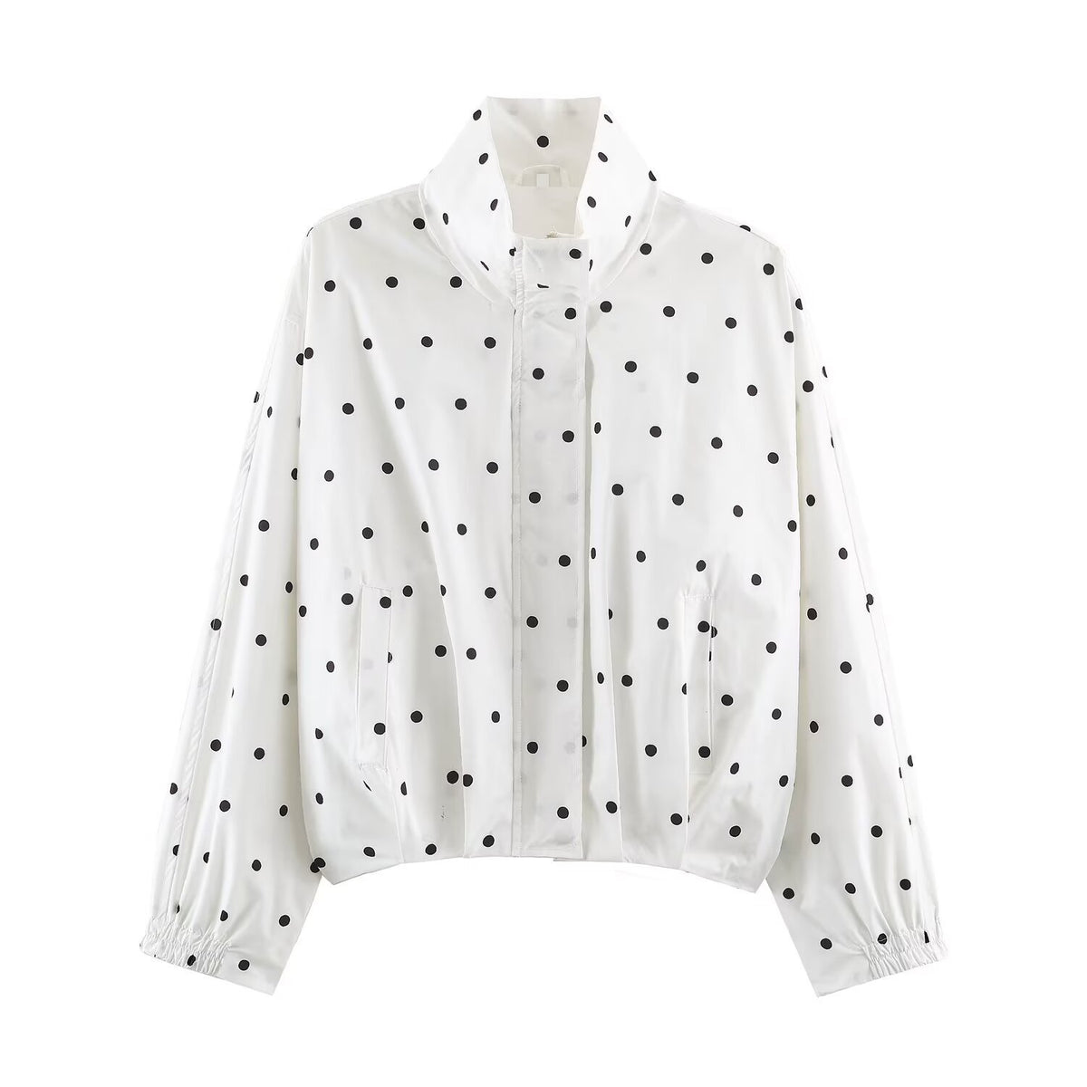 Zipper closure stand up collar long sleeved polka dot jacket