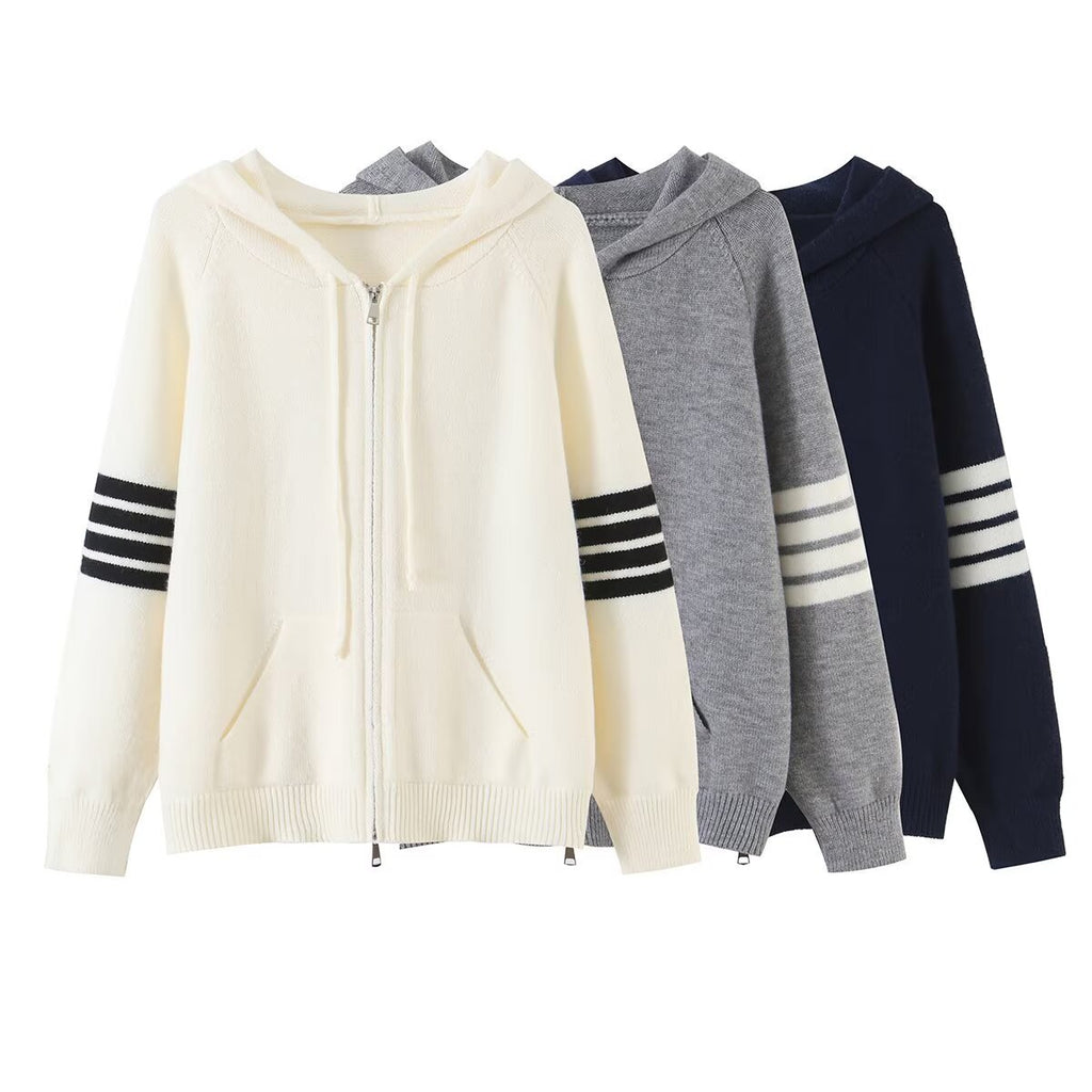 Hooded knitted sweater cardigan versatile casual contrasting striped loose jacket