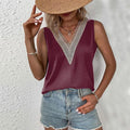 Sleeveless V-neck Lace Parchwork Blouse Women Loose Hollow Out Summer Tee Shirt Casual Streetwear Tsnk Top